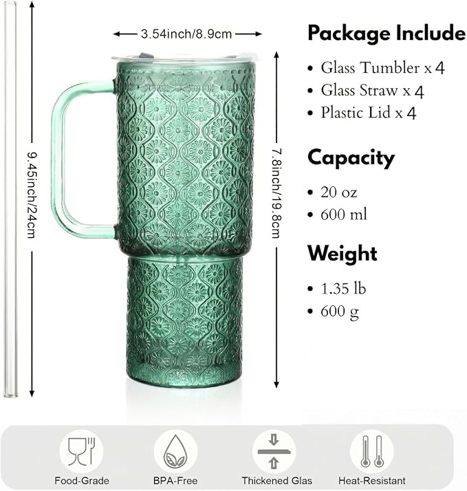 20 oz Green Glass Tumbler with Lid and Straw, Glass Iced Coffee Cups, - Image 7