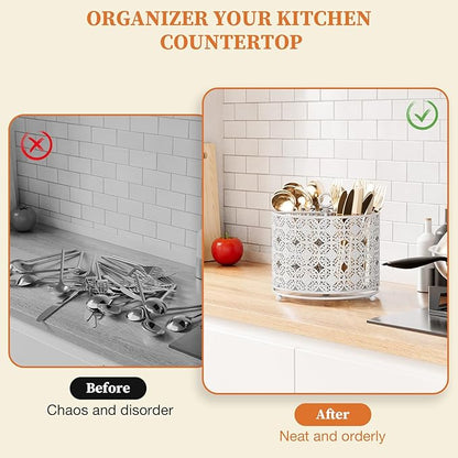 Rotating Utensil Caddy Holder - Higher Raised Cutlery Caddy Countertop - Metal Silverware Caddy Organizer with 4 Compartment for Kitchen Counter Party Office white