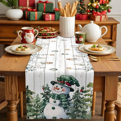 Christmas Snowman Table Runner 72 Inches Long, Xmas Trees Eucalyptus Leaves - Image 5