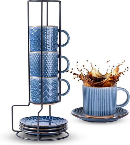 GBhome 6 OZ Stackable Coffee Mugs Set of 4, Ceramic Espresso Coffee Cups | by GBhome