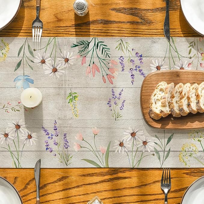 Artoid Mode Wood Flowers Floral Spring Table Runner, Seasonal Summer Kitchen - Image 7