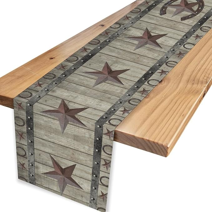 Western Texas Table Runner, ustic Farmhouse Grey Wooden Stars Hoof Cowboy - Image 4