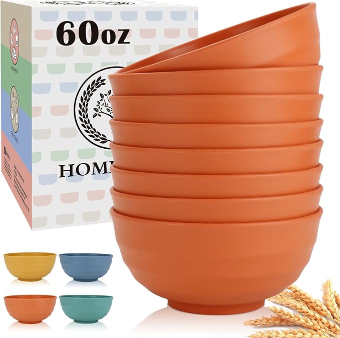 Large Bowl Set of 8, 60 oz Orange Wheat Straw Bowls, Unbreakable & Microwave by HOMIENLY