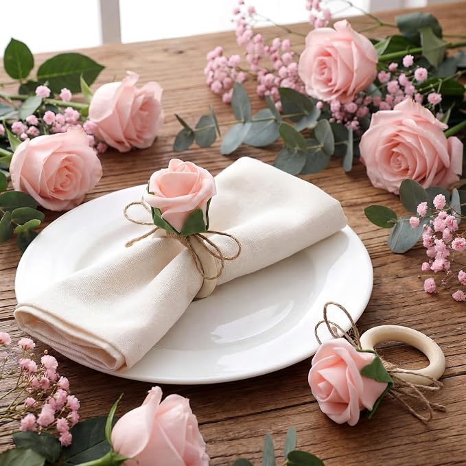 Flower Napkin Rings Set of 12 Wooden Pink Rose Handmade Napkin Holders - Image 3