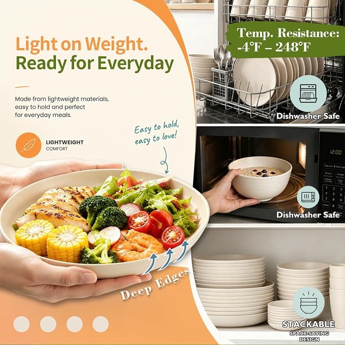 Unbreakable Plates Bowls and Cups Set, Wheat Straw Dinnerware Sets | 40PCS Dish - Image 5