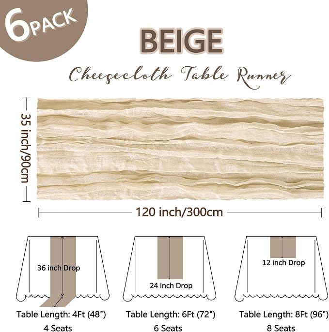 6 Pack Beige Cheesecloth Table Runner 10Ft Gauze Cheese Cloth Table Runner - Image 2