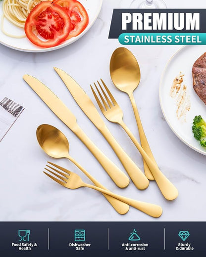 Matte Gold Silverware Set with Steak Knives, 36-Piece Stainless Steel Flatware - Image 3
