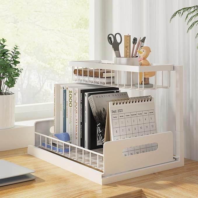 REALINN Under Sink Organizer, Pull Out Cabinet Organizer 2 Tier Slide Out Sink Shelf Cabinet Storage Shelves, Storage for Kitchen Bathroom, White, 2 Pack