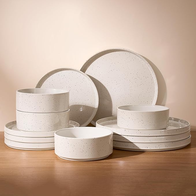 Famiware Nebula Plates and Bowls Sets, 12 Pieces Dinnerware Sets, Dishes Set for 4, Creamy White with Colorful Speckles