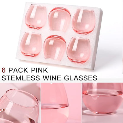 Pink Wine Glasses Set of 6-15oz -Colored Stemless Hand-Blown Wine Glasses, European Design Crystal Glass For Red & White Wine, Unique Gifts for Wedding, Birthday,Valentine's Day