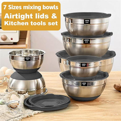 Mixing Bowls with Airtight Lids, 20 piece Stainless Steel Metal Nesting Bowls, Non-Slip Silicone Bottom, Size 7, 3.5, 2.5, 2.0,1.5, 1,0.67QT Great for Mixing, Baking, Serving (Grey)