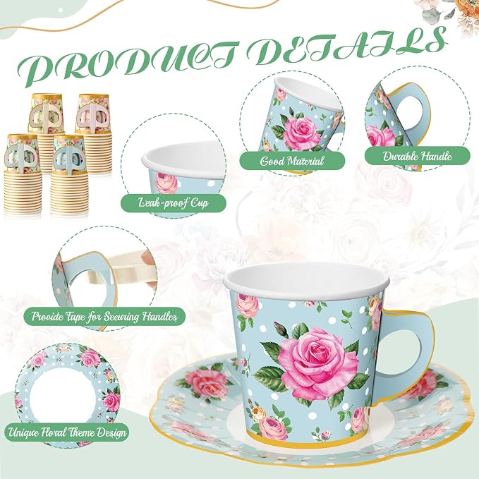 Umigy 60 Sets Floral Tea Party Decorations 6.5 oz Floral Paper Teacups & Saucer - Image 3