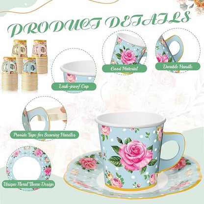 Umigy 60 Sets Floral Tea Party Decorations 6.5 oz Floral Paper Teacups & Saucer - Image 3
