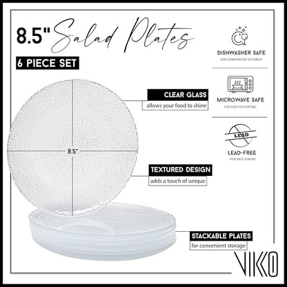 Vikko Salad Plate, Set of 6 Glass Plates, 8.5 Inch Dessert, Salad, Appetizer Plate, Elegant Textured Glass Design, Plates Set For Special Occasion, Dishwasher Safe