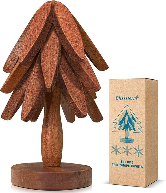 New Set of 3 Kitchen Table Decor Foldable Wooden Trivets for Hot Pots and Pans,Tree Shape Trivets
