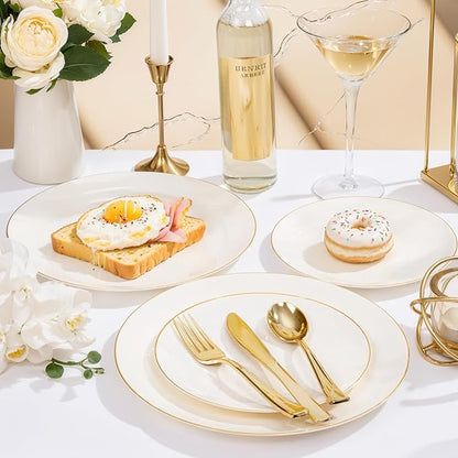 Nervure 100Pcs Ivory and Gold Plastic Plates - 10.25inch Disposable Ivory Dinner Plates - Heavy Duty Plastic Plate Ideal for Wedding & Party