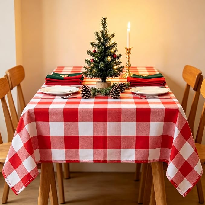 ShinyBeauty Gingham Square Tablecloth 54x54 Red and White Cotton Plaid | Rustic - Image 2
