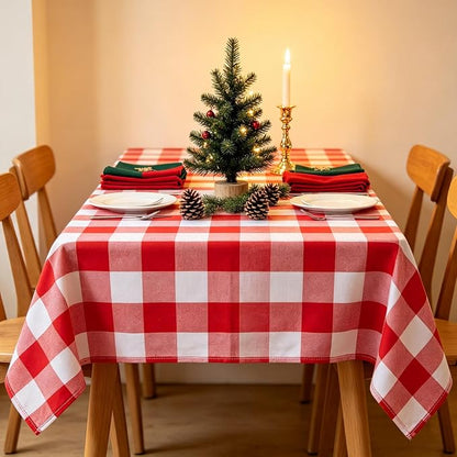 ShinyBeauty Gingham Square Tablecloth 54x54 Red and White Cotton Plaid | Rustic - Image 2