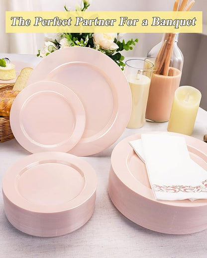 BESTSTAR 200PCS Pink Plastic Plates Set, 100 10.25 inch Dinner Plates and 100 7.5 inch Dessert Plates, Premium Disposable Plates for Party, Wedding
