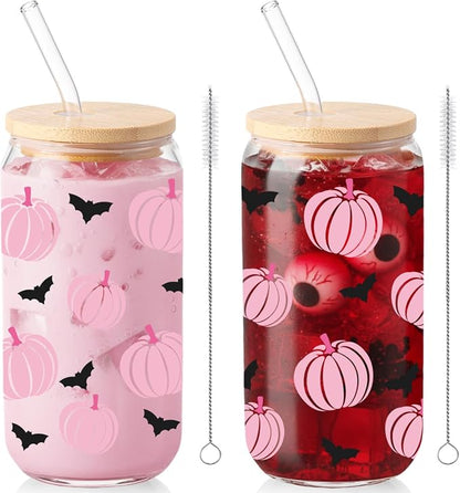 Sliner 2 Pcs Halloween Glass Cups Pink Pumpkin Bat Drinking Tumbler Fall by Sliner