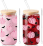 Sliner 2 Pcs Halloween Glass Cups Pink Pumpkin Bat Drinking Tumbler Fall by Sliner