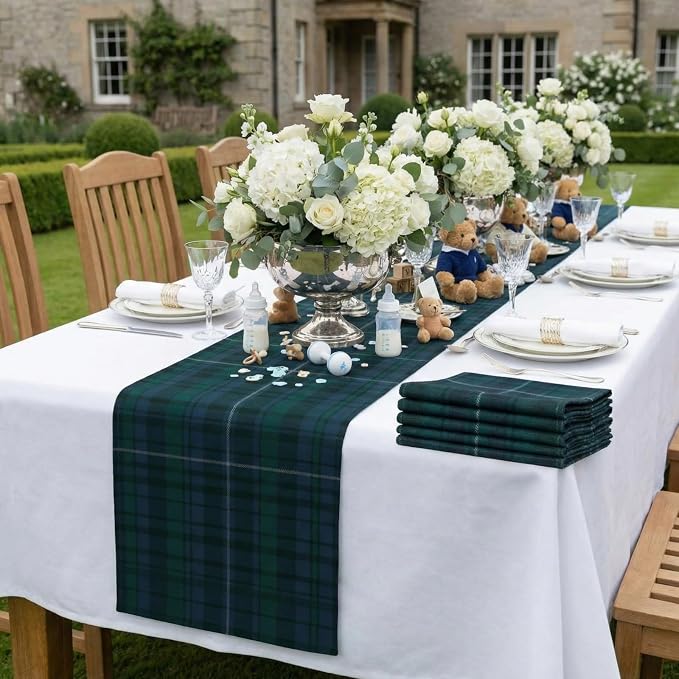 Gilprop 6 Pcs 72 x 13'' Tartan Plaid Bear Babyshower Table Runner Vintage - Image 6