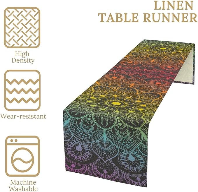 YCness Retro Ethnic Boho Table Runner, Mandala Hippie Art Mandala Rainbow - Image 5