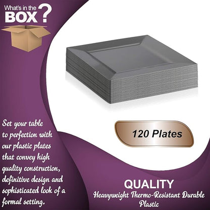 Disposable Plastic Dessert Plates -120 Plates -Heavy Duty Square Silver Salad Plates- 6.5" Appetizer Cake Plates Bulk Party Supplies For All Occasions
