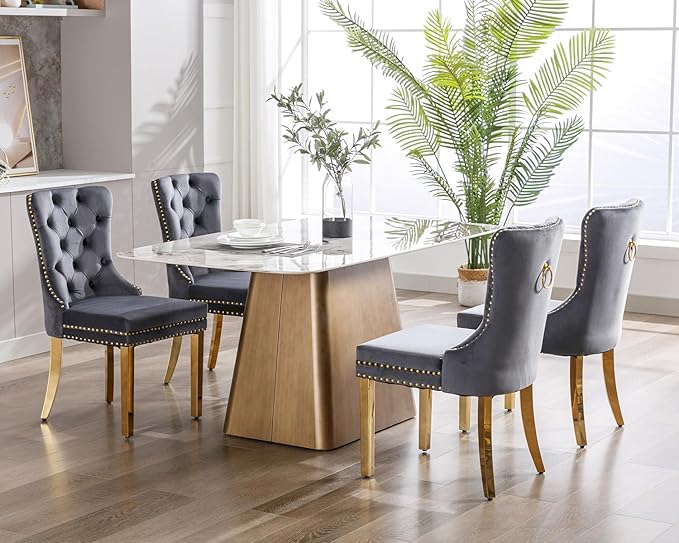 KCC Velvet Dining Chairs Set of 6, Upholstered High-end Tufted Dining Chair with Nailhead Back Ring Pull Trim Stainless Steel Legs, Contemporary Nikki Collection Modern Style for Kitchen, Dark Gray