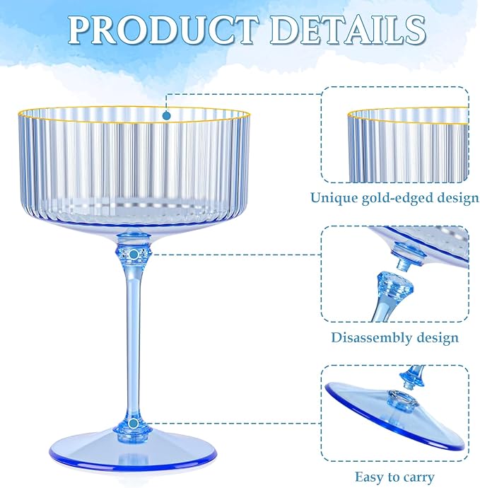 24 PCS Plastic Champagne Coupe Cup Ocean Blue Ribbed Coupe Glasses 10oz Detachable Gold Rim Espresso Martini Glass Vintage Margarita Glassware Cocktail Glass Set for Baby Shower Hanukkah