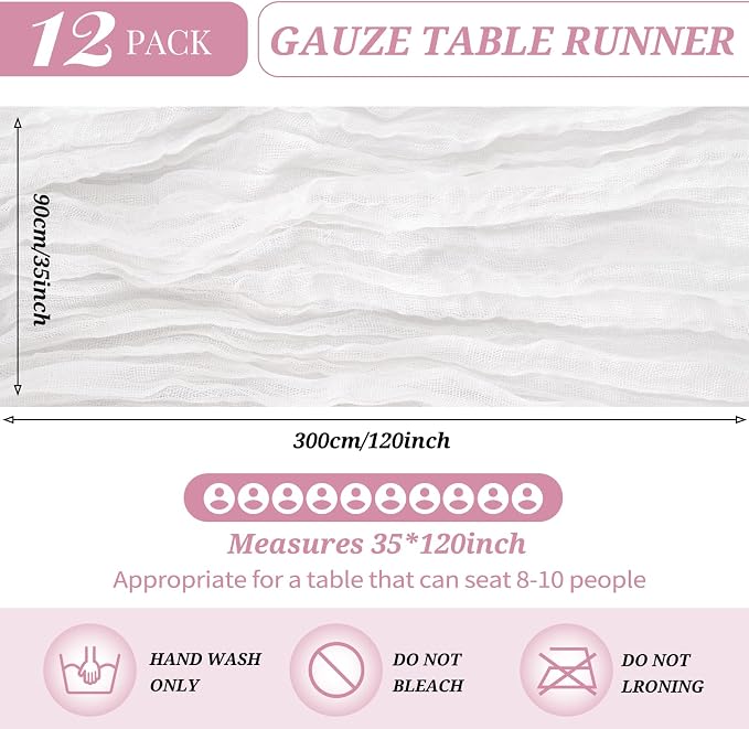 YMHPRIDE 12 Pack Cheesecloth Table Runner 35x120in White Table Runner | Boho - Image 2