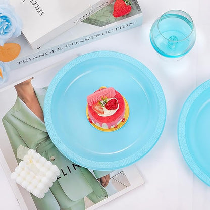 WELLIFE Light Blue Party Plates 9 Inch -150 Count, Disposable Plastic Baby Blue Dinner Plates for Party Dessert Cake Appetizer Baby Shower