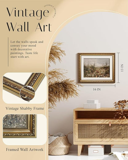 InSimSea Gold Picture Framed Wall Art, Living Room Classical Wildflower Field Meadow Flowers Canvas Print Wall Decor, Vintage Landscape Home Farmhouse Decor, Antique Paintings with Frame 13x16inch
