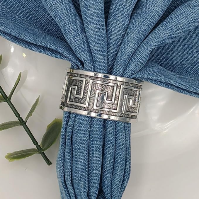 12pcs Antique Silver Napkin Rings, Premium Greek Key Napkin Rings Bulk by MagicRealForBetterLife