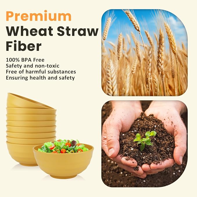 Sunshine Yellow Bowl Set of 8, 60 Oz Large Wheat Straw Bowls, Unbreakable Big - Image 3