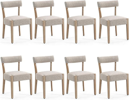 Dining Chairs,8 Pack Mid-Century Modern Wooden Kitchen Chairs with Linen Upholstery - Low-Back Woven Design for Kitchen & Dining Room,Oatmeal Fabric