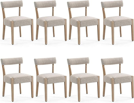 Dining Chairs,8 Pack Mid-Century Modern Wooden Kitchen Chairs with Linen Upholstery - Low-Back Woven Design for Kitchen & Dining Room,Oatmeal Fabric
