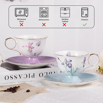 KAMMAK Ceramic Coffee Cups Saucers Set of 2, Porcelain Espresso Cups - Image 4