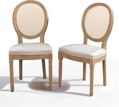 SoarFlash French Dining Chairs Set of 2, Vantage Dining Chair with Round Back, Wood Leg Farmhouse Country Rattan Dining Chair for Kitchen,Bedroom,Beige