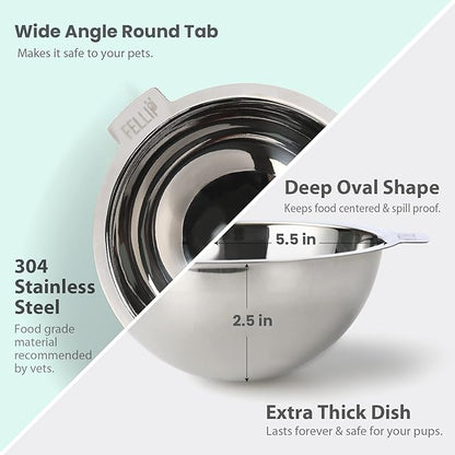 Felli Pet Oblik Acrylic Raised Dog Food Water Bowl Stainless Steel Slanted Oval Dish for Short Leg Puppy & Small Medium Pet, Elevated Tilted Metal Feeder (Classic, 1.5 Cups Oval Dish)