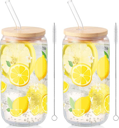 Sliner 2 Pcs Lemon Glass Cups Summer Drinking Tumbler 16 oz Iced Coffee Cup by Sliner