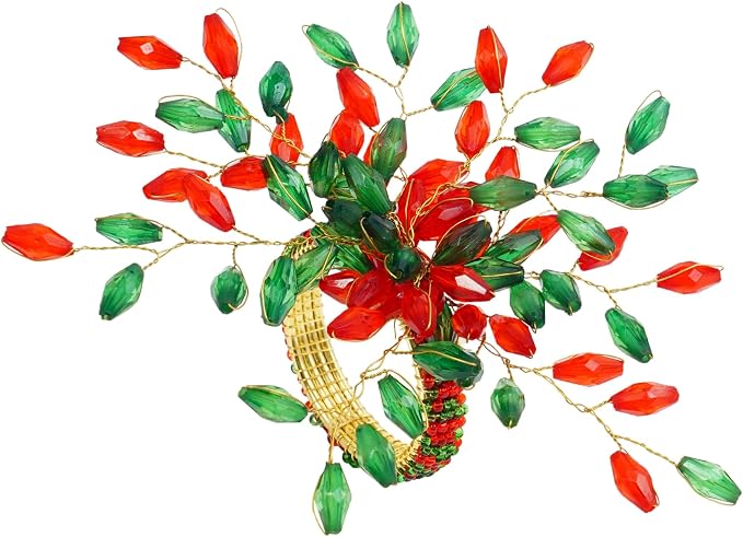 ITOS365 Handcrafted Beaded Napkin Rings Set of 6 – Red & Green Crystal Flower - Image 2