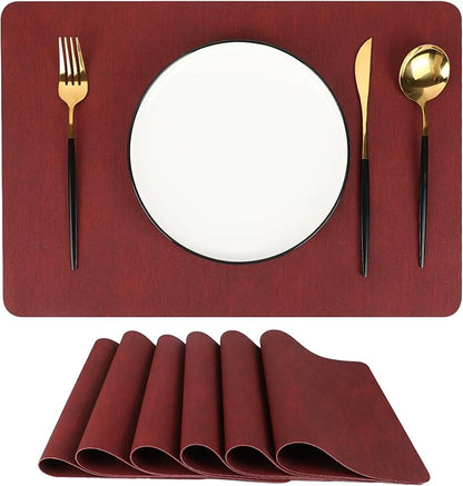 Red Reversible Faux Leather Placemats – Set of 6 Waterproof, Heat-Resistant & Easy-to-Clean Table Mats for Modern Dining