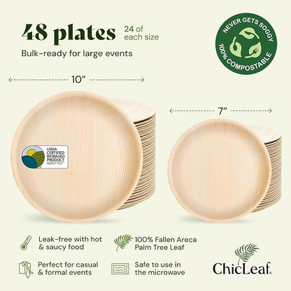 Chic Leaf Round Palm Leaf Plates - 10-Inch & 7-Inch, Pack of 48 - Compostable Disposable Bamboo Plates for Parties, Winter Cozy Dinner, Wedding & Valentine's day Romantic Candlelit Home Dining