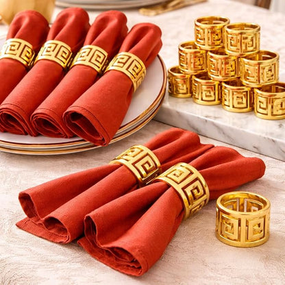 Shiny Gold Napkin Rings Set of 12, Greek Key Round, Modern Cuff Design by Homewear