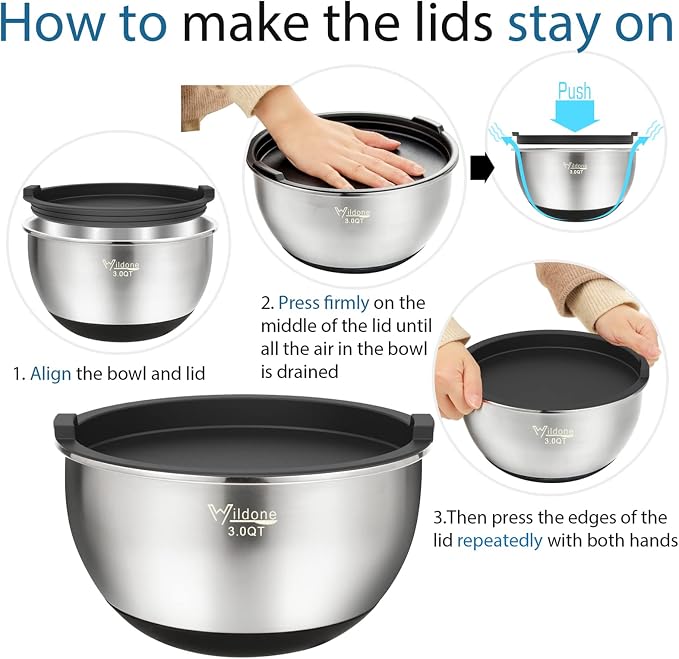 Wildone Mixing Bowls with Lids Set, Stainless Steel Mixing Bowls Set of 5 | - Image 6
