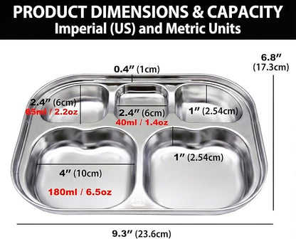 Korean Stainless Steel Divided Plates for Toddlers, Kids, Babies, Premium 304, Electro-Polished, No Black Residue, BPA-Free, 5-Compartment Food Tray, Camping, Picky Eaters, Set of 2