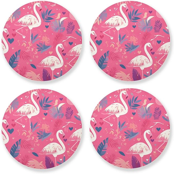 Pink and White Color Flamingo Illustration Round Drink Coaster Set of 4 Heat by KLL
