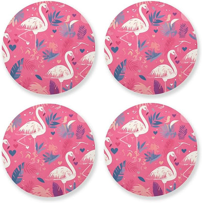 Pink and White Color Flamingo Illustration Round Drink Coaster Set of 4 Heat by KLL