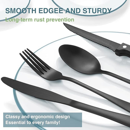 Black Silverware Set, Umite Chef 49-Piece Flatware Set with Drawer Organizer, Durable Stainless Steel Cutlery Set for 8, Tableware Eating Utensils with Steak Knives for Home Restaurant